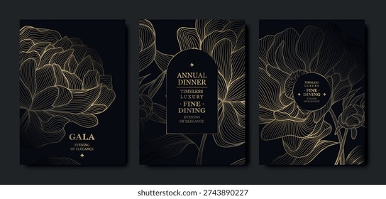 Luxury dark background, elegant gold floral line pattern, leaves, flowers. Vector design wedding invitations, gala dinners, wine labels, birthday cards, tropical event flyers, premium botanical packaging.