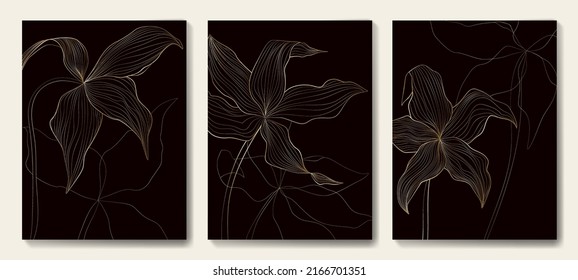 Luxury dark background with elegant golden flowers in art line style. Botanical flower poster set for decoration, interior design, invitations, print, wallpaper