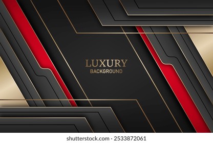 Luxury dark background with overlapping black geometric shapes and golden line elements. Vector illustration