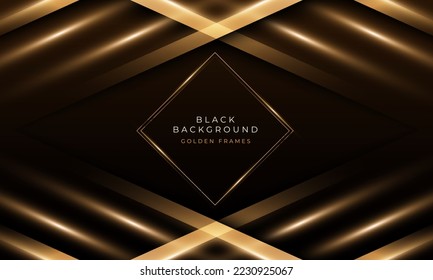 Bandas de fondo negro oscuro de lujo capas superpuestas con líneas doradas brillantes, ilustración vectorial textura negra