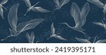 Luxury dark blue art background with crane birds in white line art style. Abstract animalistic banner for wallpaper, decor, print, textile, packaging, interior design.