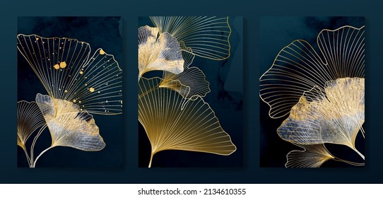 Luxury dark blue art background with golden ginkgo leaves. Botanical poster set with watercolor textures for decoration, interior design, textile, packaging