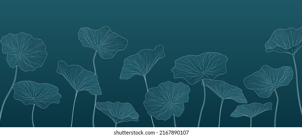 Luxury dark blue art background with lotus leaves in line style. Botanical banner in oriental style for wallpaper design, print, decor, interior design