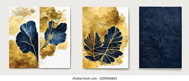 luxury dark blue art background with golden ginkgo leaves