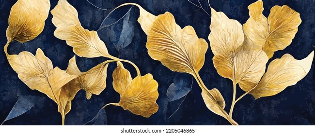 luxury dark blue art background with golden ginkgo leaves