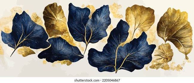 luxury dark blue art background with golden ginkgo leaves