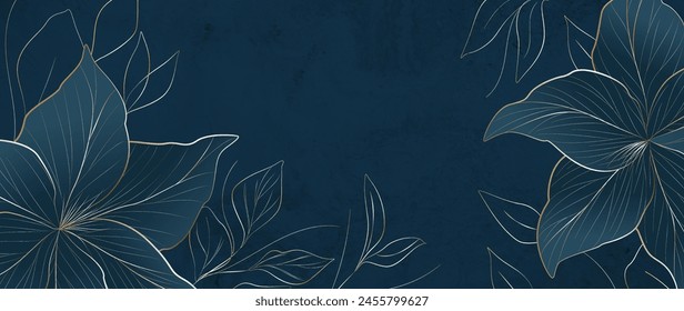 Luxury dark blue art background with golden flowers and leaves in line art style. Botanical banner for decoration, print, textile, wallpaper, packaging, interior design, poster, invitations