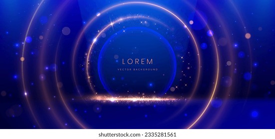 Luxury dark blue background with circle glowing blue and golden line lighting effect sparkle. Template premium award ceremony design. Vector illustratio