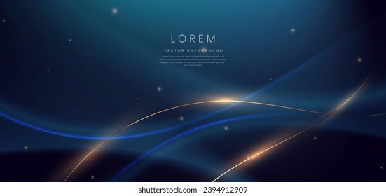 Luxury dark blue background with gold line curved and lighting effect sparkle. Vector illustration