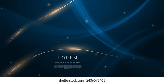 Luxury dark blue background with gold line curved and lighting effect sparkle. Vector illustration