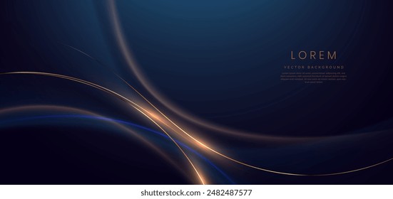 Luxury dark blue background with gold line curved and lighting effect sparkle. Vector illustration