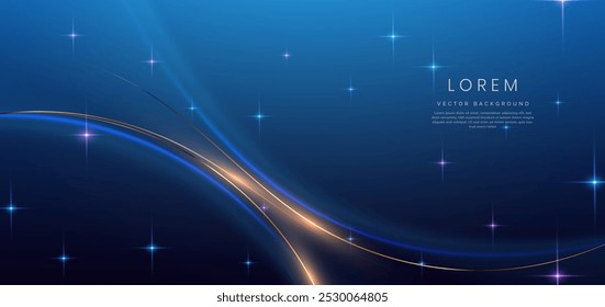 Luxury dark blue background with gold line curved and lighting effect sparkle. Vector illustration