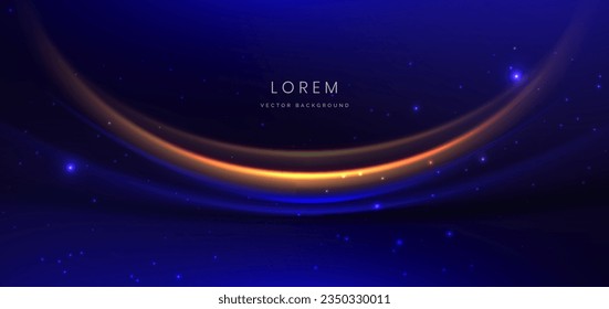 Luxury dark blue background with blue and golden line curved and lighting effect sparkle. Vector illustration