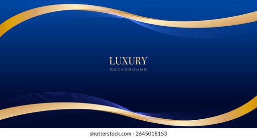 Luxury dark blue background with golden curves for use as design background, banner template, presentation.
