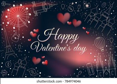 Luxury dark blue background with soft blurred colors. Isolated glowing red hearts and simple thin line icons of popular tourist Europe monuments for romantic trips. Rose gold details,stars and sparkle