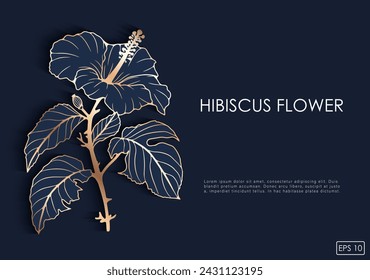 Luxury dark blue floral design with gold hibiscus flower outline. Floral card, poster, banner, wallpaper, cover design.