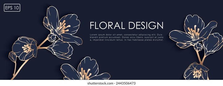 Luxury dark blue floral design with golden cherry blossom branch. Floral card, background, poster, banner.