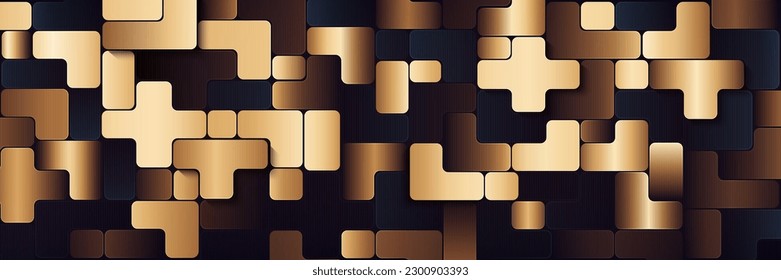 Luxury dark blue and gold abstract dimension background. Modern geometric squares texture. Elegant metal blocks design. Tetris blocks. Vector illustration