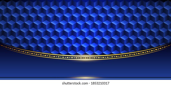 Luxury dark blue and golden geometric line and dot. 3D abstract background with box texture and gold border