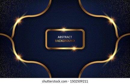 Luxury dark blue overlap dimension background on metal pattern. Colorful golden glitters halftone texture with shiny realistic golden elements. Modern vector design template.