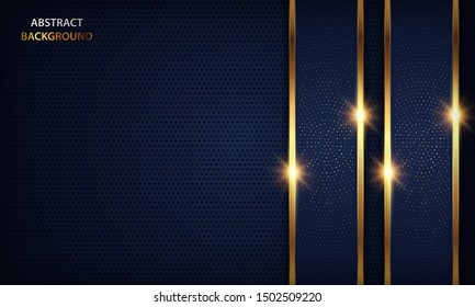 Luxury dark blue overlap dimension background on metal pattern. Colorful golden glitters halftone texture with shiny realistic golden elements. Modern vector design template.