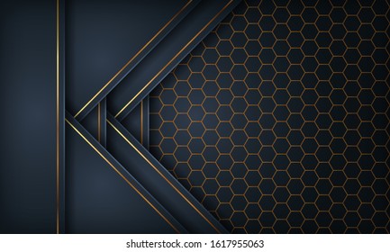 Luxury dark blue overlap dimension background with golden line on hexagon pattern. Vector illustration.