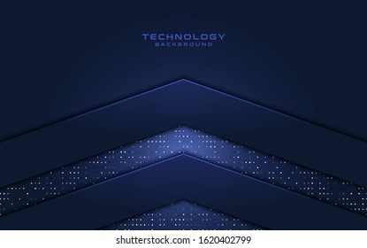 Luxury dark blue overlap dimension background on metal pattern. Colorful glitters halftone texture with shiny realistic golden elements. Vector illustration.