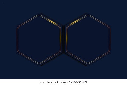 El fondo de la dimensión del solapamiento azul oscuro de lujo con la línea dorada sobre el patrón hexágono. Ilustración vectorial.