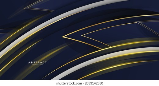 Luxury dark blue overlap dimension background on metal pattern. Colorful golden white lines texture with shiny realistic golden elements. Modern vector design template