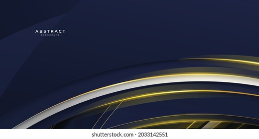 Luxury dark blue overlap dimension background on metal pattern. Colorful golden white lines texture with shiny realistic golden elements. Modern vector design template