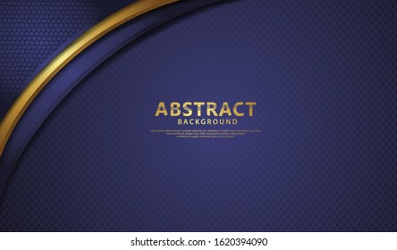 Luxury dark blue overlap layers background with golden line effect. Realistic halftone dots on textured dark background