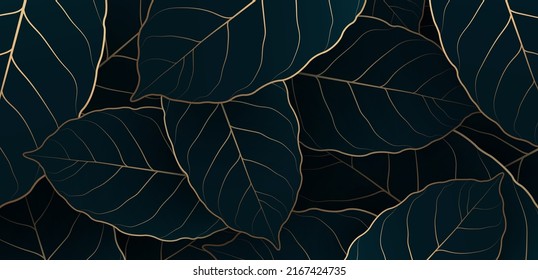 Luxury dark blue tropical leaves background with golden line. Elegant nature leaf pattern design. Hand drawn leaf elements. Suit for wallpaper, print, cover, banner, invitation, poster, backdrop