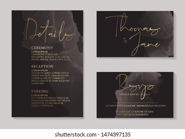 Luxury dark chocolate wedding invitation cards with gold marble texture and geometric pattern minimal style vector design template. Cute invitation, party collection