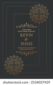 Luxury dark gold mandala wedding invitation card template design