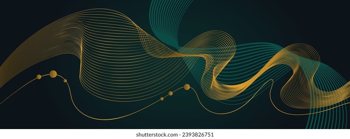 Luxury dark green abstract background with glowing golden wave. Modern green gradient flowing gold wave lines. Shiny futuristic technology concept. Vector illustration