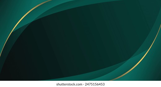 Vector de fondo abstracto verde oscuro de lujo. Fondo abstracto verde esmeralda oscuro con curvas dinámicas, líneas doradas y capas de pantalla.