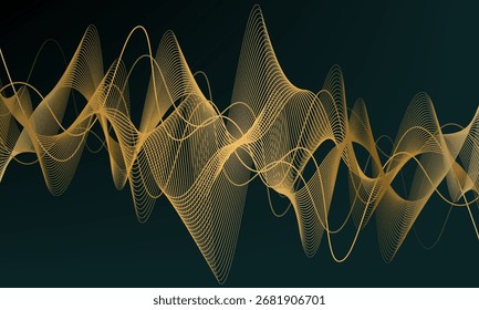 Fundo abstrato verde escuro de luxo com onda dourada brilhante. Moderno gradiente verde fluindo linhas de ondas de ouro. Conceito brilhante de tecnologia futurista. Ilustração vetorial