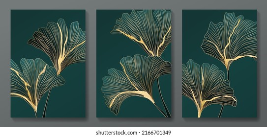 Luxury dark green art background with golden ginkgo leaves in line style. Botanical pressure posters for decor, wallpaper, print, textile, wall