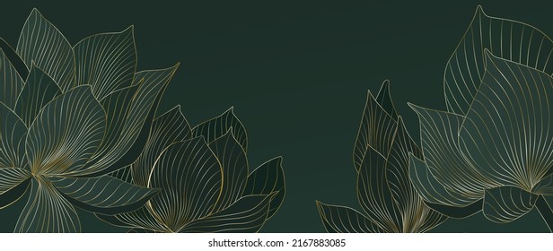 Luxury dark green art background with lotom flowers in golden line style. Elegant botanical banner for wallpaper design, wall, home decor, packaging