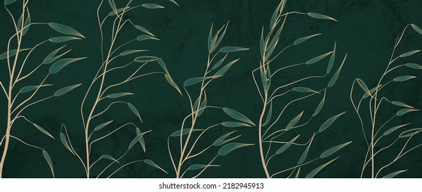 Luxury dark green art background with golden grass. Botanical abstract hand drawn banner for decoration design, wallpaper, interior design, print