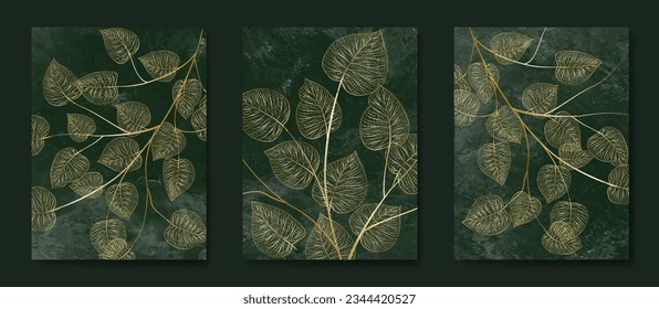 Luxury dark green art background with gold exotic leaves in gold line art style. Botanical hand drawn set for decor, poster, print, wallpaper, textile, interior design.