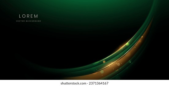 Luxury dark green background with curved glowing green and golden line lighting effect sparkle. Template premium award ceremony design. Vector illustratio