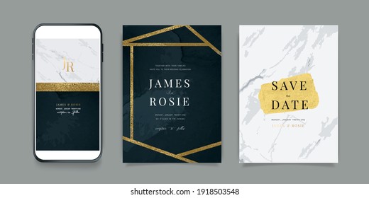 Luxury Dark green emerald Social Media, mobile  Wedding invite frame templates. Vector background. Invitation mobile Floral with golden collage layout design.