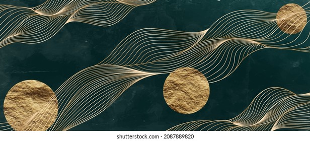 Luxury dark green and gold art background with moon or sun waves lines. Abstract background for home decor decoration, print, fabric - Shutterstock ID 2087889820