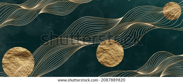 Luxury dark green and gold art background with\
moon or sun waves lines. Abstract background for home decor\
decoration, print,\
fabric