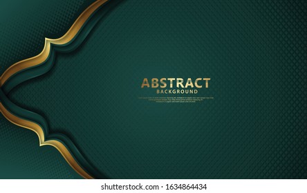 Luxury dark green and gold overlap layers background with golden line effect. Realistic halftone dots on textured dark background