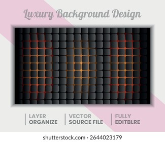Luxury Dark Grid Background Design with Glowing Red and Orange Highlights , Vector Template .