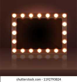 Luxury dark makeup blank mirror realistic with bulb light effect in wall background. vector illustration