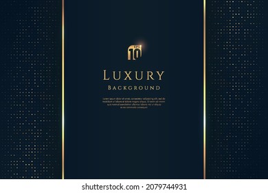 Luxury dark navy blue vertical stripe with gold rectangle border on glowing golden glitter pattern background. VIP invitation abstract banner design. Premium and elegant. Vector illustration.