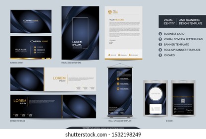 Luxury dark navy stationery mock up set and visual brand identity with abstract overlap layers background . Vector illustration mock up for branding, cover, card, product, event, banner, website. 